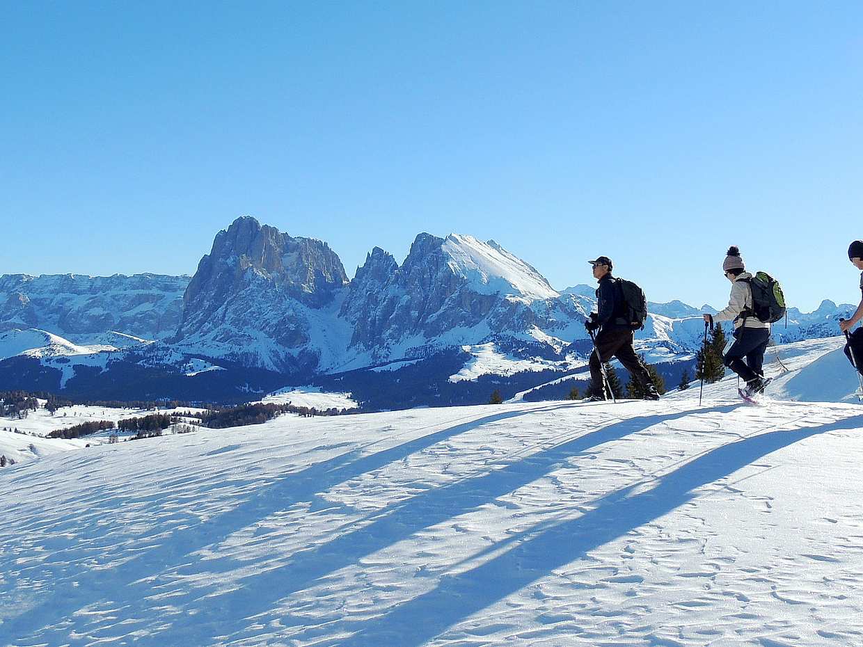 Wycieczka w rakietach śnieżnych i saniami w Dolomitach z Bolzano we Włoszech.
