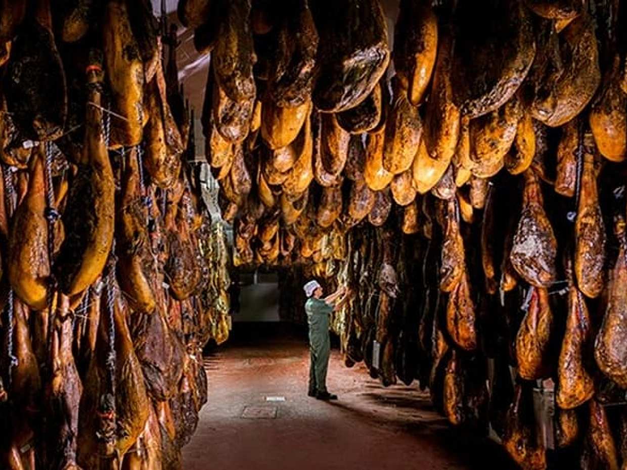Tour through the Iberian ham drying room and Seville - pick up at the Hotel